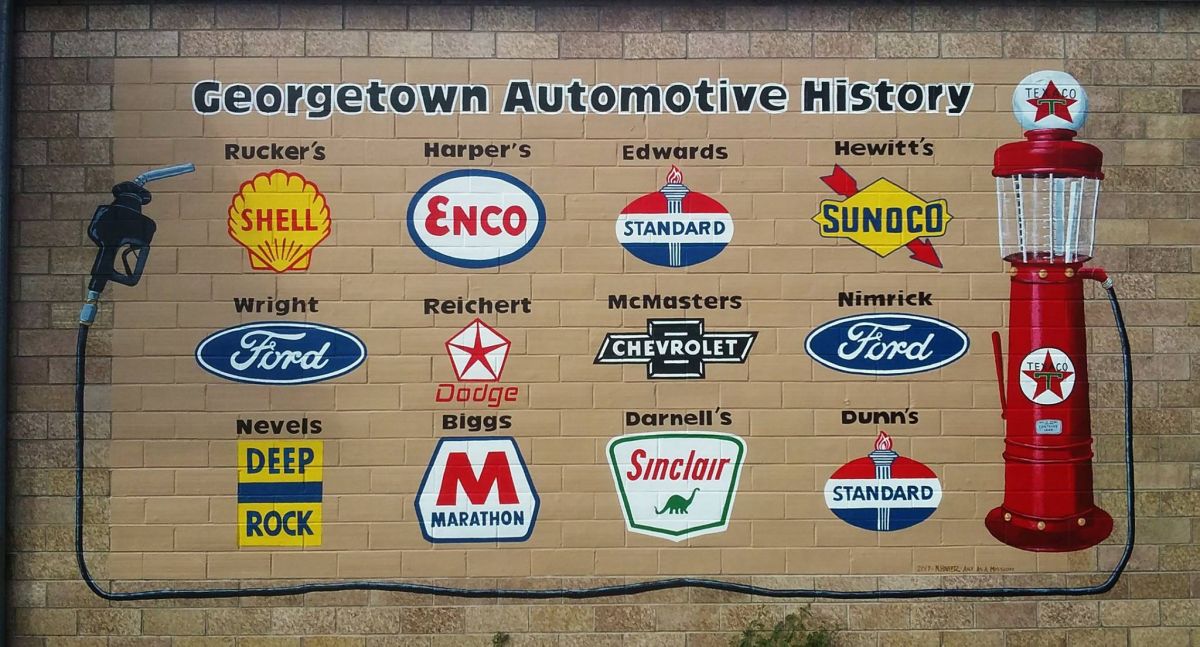 pictured are 12 different signs and an old gas Texaco pump
